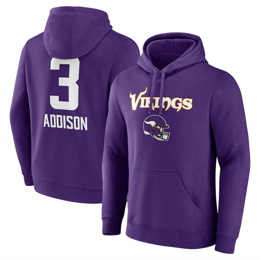 Men's Purple Minnesota Vikings #3 Jordan Addison Team Wordmark Player Name & Number Pullover Hoodie